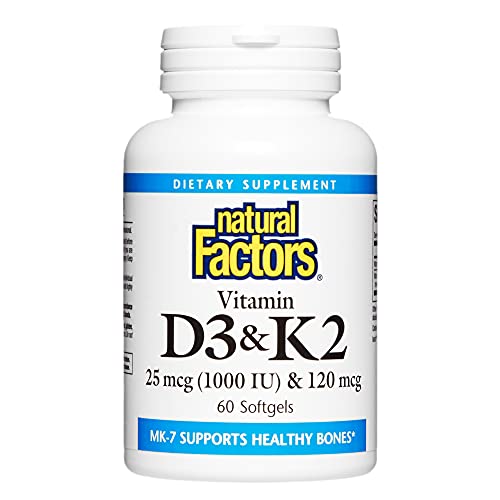 Natural Factors, Vitamin D3 & K2 1000 Iu And 120 Mcg, Supports Bone And Vascular Health, 60 Softgels #TOP29