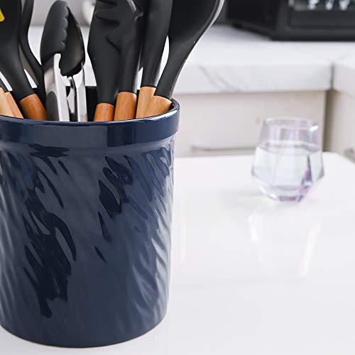 Koov Kitchen Utensil Holder, Large Ceramic Utensil Crock, Deep And Stable, Utensils Caddy Texture Series (Dark Blue) #TOP6