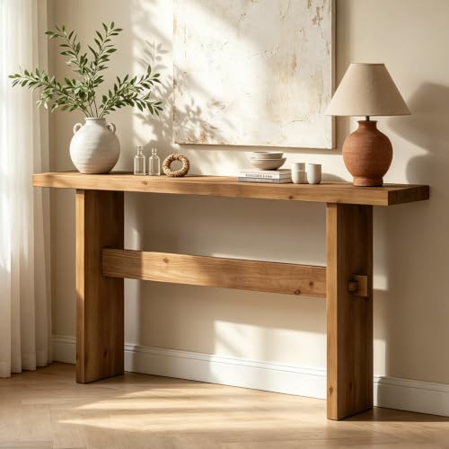 WINWY 63-inch solid wood console table with mortise and tenon crossbar in rustic natural — proof of a 31.7-inch height at the lowest price in the set