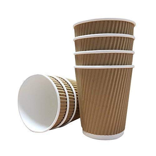 100 x Kraft 8 Ounce Ripple Paper Cups and White LIDS 3 Ply Insulated for Tea Coffee Cappuccino Hot Drinks