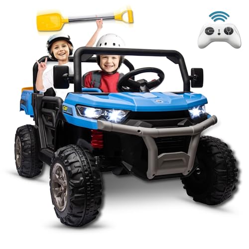 24V Ride on Toys for Big Kids w/Remote Control, 2 Seater Kids UTV w/20 Seat, 2X200W Powerful Motors, 24V Ride on Dump Truck w/Dump Bed, Bluetooth, LED Lights, Power Car Wheels for Boys Girls, Blue