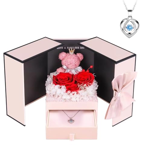 KASTWAVE Eternal Rose with Gift Box, Romantic Roses Gifts for Her, Preserved Roses Forever Flowers with Sterling Silver Necklace for Mom Wife Girlfriend on Birthday Anniversary Mothers Day Christmas