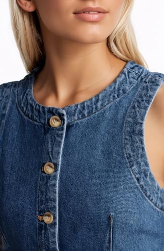 D-Sun Women Denim Vest Sleeveless Crewneck Button Down Jean Waistcoat Casual Front Slit Slim Denim Tank Top4