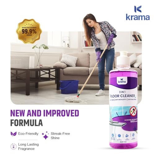 Image of Krama Disinfectant Floor Cleaner | 3 in 1 Anti Flies, Anti Mosquito & Anti Bacteria Formula | 100X Power Lavender Infused | Eco- Friendly, Biodegradable & Paraben Free Germ Protection Pack 500ml