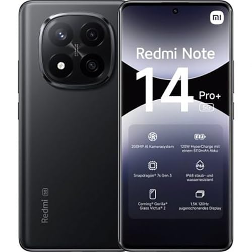 XIAOMI Redmi Note 14 Pro+ 5G Smartphone, 8+256Go, Noir, 200MP Pro-Grade AI Camera, IP68, 120W HyperCharge, fonctionnalités AI (Pas de Chargeur Inclus)
