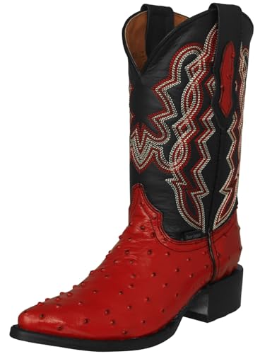 Mens Red Western Cowboy Boots Ostrich Quill Print Leather J Toe 8.5 2E US