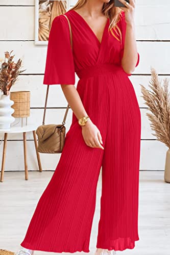 Prettygarden Women's Jumpsuits Casual Wrap V Neck Ruffle Sleeve Wide Leg Flowy Romper One Piece Summer Outfits (Red,Large) #TOP1