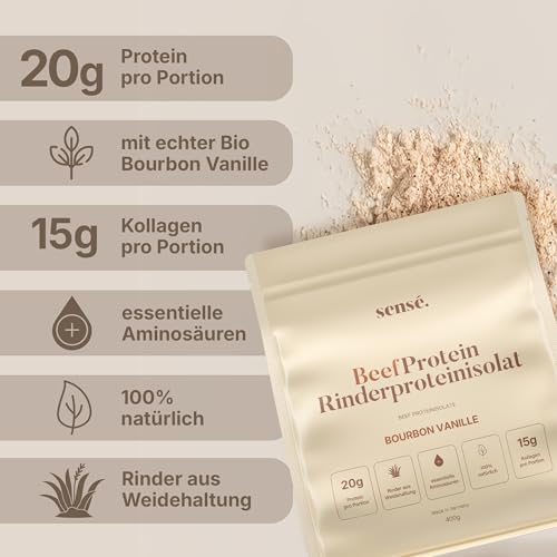 Sensé. Rinderprotein Pulver Vanille 400g -100% natürlich | 21g Protein | Bourbon Vanille & Flohsamenschalen | Bioaktiv | Kollagen 1,2+3 | Knochenbrühe vom Weiderind | Bone Broth | Made in Germany