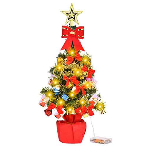 DUOJIN Árbol de Navidad Artificial con Guirnalda Luminosa LED, 55 cm, Mini Árbol de Navidad, con Base y Adornos, Decoración de Navidad para Mesa, Fiesta de Navidad