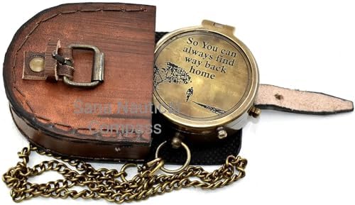 Brújula de latón portátil con estuche de cuero y cadena miniatura 6