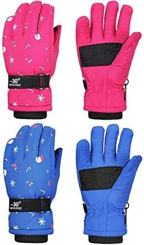 2 Pairs Kids Mittens Children Winter Snow Waterproof Thick Warm Windproof Gloves for Girls Boys (Blue and Rose Red Snowflake Style,5 - 8 Years)
