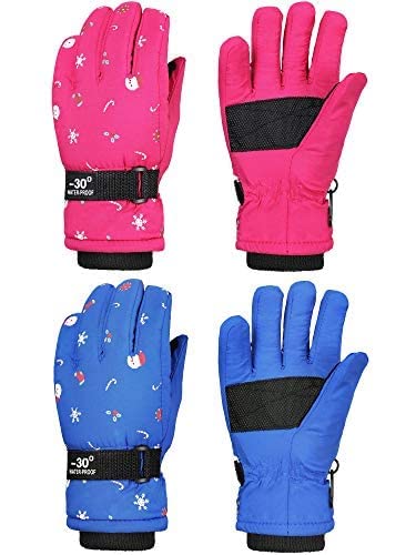 2 Pairs Kids Mittens Children Winter Snow Waterproof Thick Warm Windproof Gloves For Girls Boys (Blue And Rose Red Snowflake Style,5 - 8 Years) #TOP23