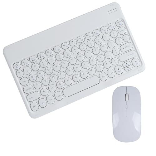 KeautFair Portable Wireless Bluetooth Keyboard and Mouse Mice Set Round Keys Cordless Rechargeable 10“ Ultra Slim Cordless Quiet 1200DPI Adjustable Windows/iOS/Android PC/Laptop/iPad/Smartphone(White)