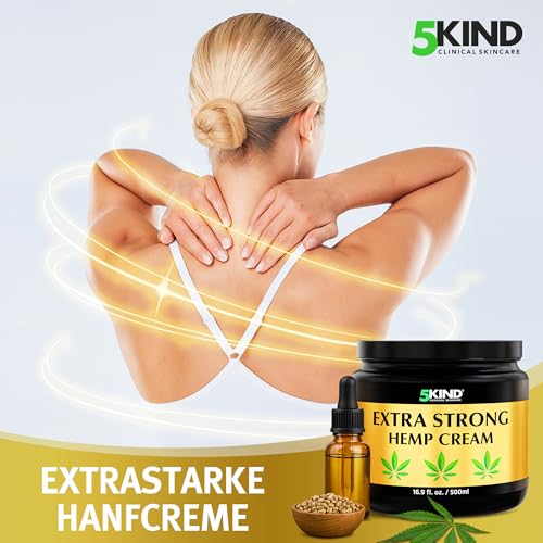 5kind Extra Starke Hanfcreme 500ml - Hochkonzentriertes Hanföl und Arnika-Creme - zur Massage von Gelenken & Muskeln, unterem Rücken, Knien, Nacken & Schultern - Reich an natürlichen Extrakten