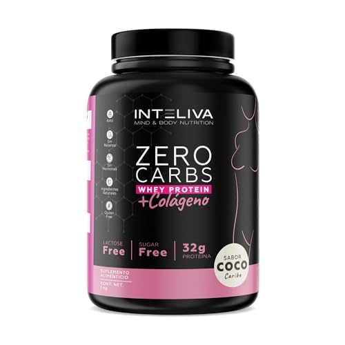 Inteliva Proteína Zero Carbs & Colágeno en polvo: sin carbohidratos, sin lactosa, sin azúcar, 32gr de proteína y 2gr de colágeno por porción, 1kg. (Coco...