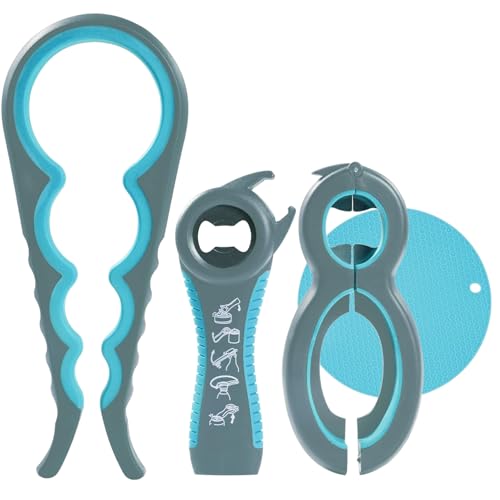 YUNYU Set 4 in 1 apribottiglie + apribottiglie 5 in 1 con cuscinetto antiscivolo in silicone, 4 confezioni di apribottiglie multifunzione per mani deboli, artrite, anziani e bambini