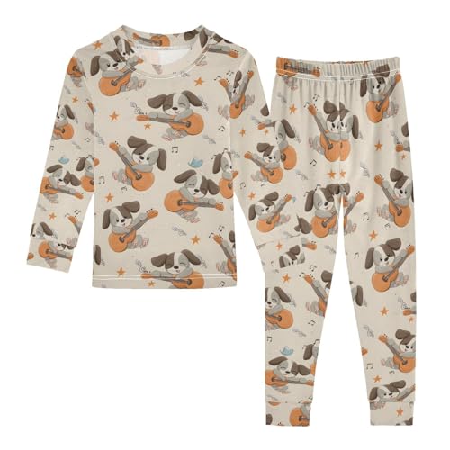 ALAZA Gray Puppy Dog Guitar Pajamas Long Sleeve Sleepwear 2-Piece Pajama Set
