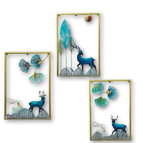 Image of RSN Metal Wall Art Ginkgo Tree Leaves and Deer Metal Frame, Wall Sculpture for Living Room, Bedroom, Office Wall Hanging for Home Decorative Size- 30x44 cm Each
