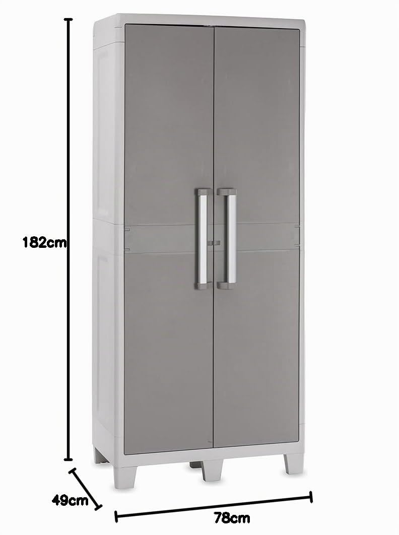Toomax Armadio Portascope Urban XL 78x49x182h cm in plastica resistente effetto legno grigio chiaro/grigio tortora, 4 ripiani regolabili, piedini e predisposizione lucchetto, per ripostigli e garage