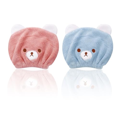 NyxSeat 2 tapones secos de osos turbantes de secado de absorción rápida para reducir el tiempo de secado, adecuado para ducha, maquillaje y cuidado facial (azul, rosa)