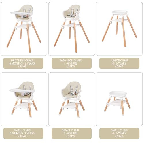 Baby High Chair, 6 in 1 Convertible Wooden High Chairs for Babies and Toddlers, Baby HighChair with Removable Double Tray & Adjustable Footrest