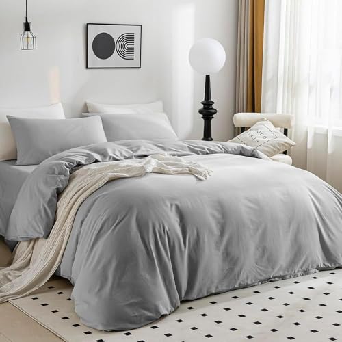 Image of JELLYMONI Cotton Duvet Cover Twin Size - 100% Washed Cotton Linen Like Textured Comforter Cover, 2 Pieces Breathable Soft Bedding Set with Zipper Closure (Light Gray, Twin 68 inchx90 inch)