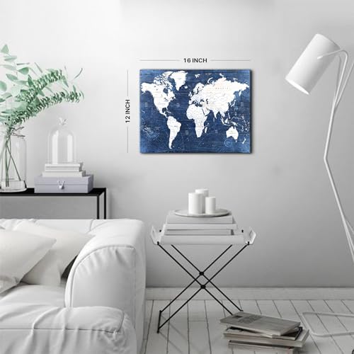 Image of World Map Canvas Wall Art Modern Office Pictures Decorations World Maps for Living Room Wall Decor Retro Map of World Poster Navy Blue Painting Artwork Framed Home Study Bedroom Decoration 12x16 inch
