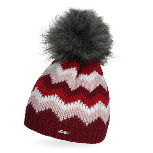 Neverless® Damen Strick-Mütze gefüttert Fleece Fell-Bommel Kunstfell Winter-Mütze Bommelmütze Grobstrick Mehrfarbig Bordeaux Unisize