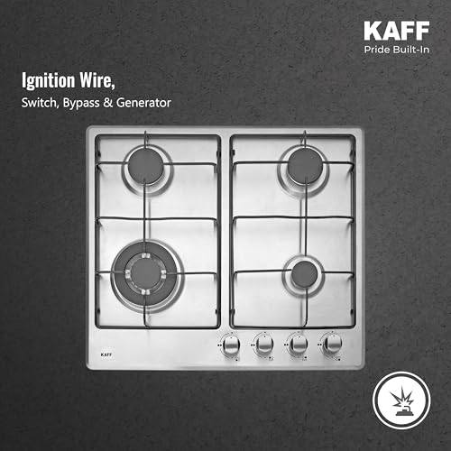 Image of KAFF 4 Burner Built-In Gas Hob 60 cm | Auto Electric Ignition | Italian Brass Burners | Stainless Steel Built-in Hob for Modular Kitchen | Heavy Pan Support | Easy Grip Metal Knobs (NE4B60SS)