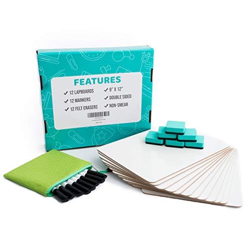 Dry Erase Lapboards | 12pc Classroom Pack Mini Lapboards + 12 Bonus Whiteboard Markers + Felt Erasers - 9" x12" Double Sided Small White Boards for Students, Teacher Supplies