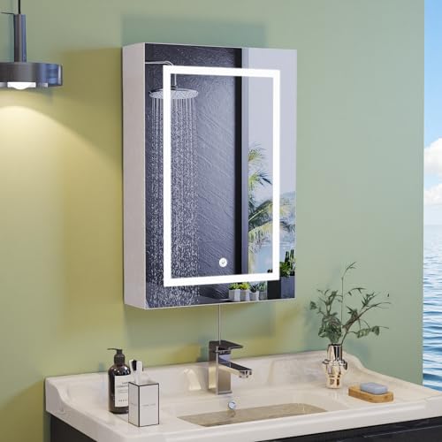 Aneutr Spiegelschrank mit LED-Beleuchtung, 3 Farben, 50 x 13 x 70 cm, Wandschrank, Badezimmerspiegel, LED, 2 Ebenen, höhenverstellbar