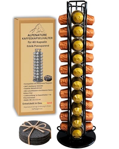 Alpenature Kapselhalter für Nespresso, Kaffeekapseln aufbewahrung, inkl. 4 Filzuntersetzern, Kapselständer für Nespresso, Drehbar, Rutschfest mit Nano-Silikonboden, Coffee Capsule Holder, Schwarz