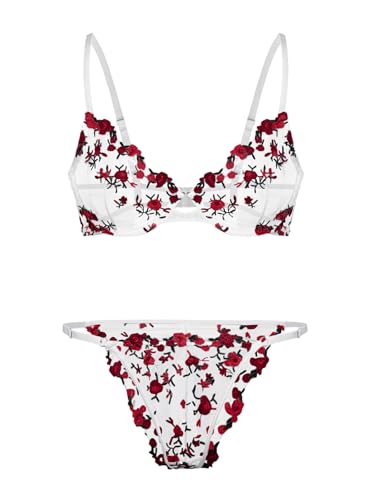 Image of Lilosy Sexy Floral Embroidered Mesh Sheer Underwire Lingerie Set