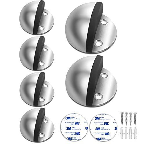 Gudui Door Stoppers 6 Pack, Floor Door Stop No Drill Floor Mount Doorstops Stainless Steel Adhesive Rubber Door Stops for Bottom of Door, Brushed Nickel