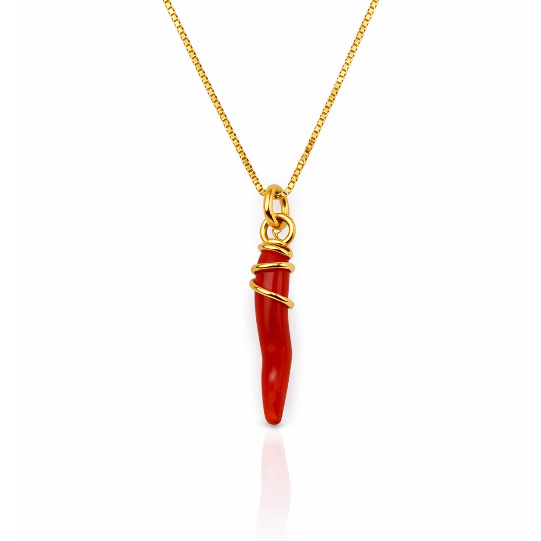 Collana con ciondolo cornetto in corallo rosso naturale e giro di argento 925 dorato fatto a mano catenina veneziana 40/45/50 cm a scelta gioiello fatto a mano unisex uomo donna