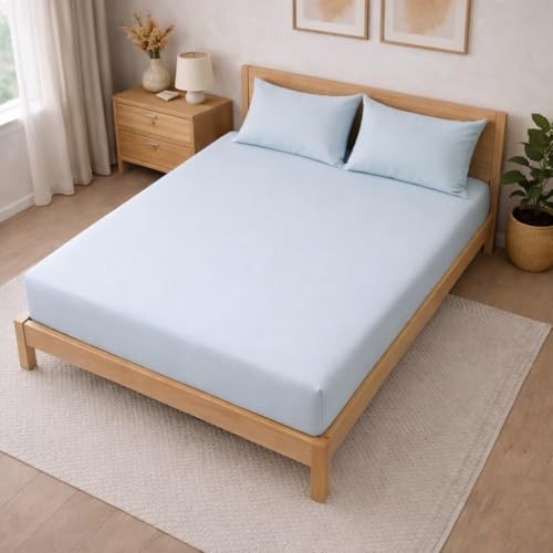 Image of THE HOME STYLE Solid Plain Cotton Feel Fitted Bedsheet King Size (72x78 inches) | 2 Pillow Covers | 300 TC | Elastic Fit | Fits Upto 8 Inch Mattress (Sky)