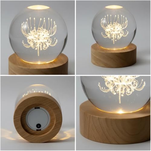 Image of 3D Red Spider Lily Crystal Ball Lamp, 60mm K9 Laser Engraved Flower Sphere with Wooden LED Base, Color-Changing Night Light Gift for Home Decor Bedroom Meditation