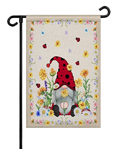 Summer Ladybug Gnome Garden Flags 12 X 18 Inch Double Sided, Burlap Welcome Home Banner, Spring Floral Rustic Garden Flag Vertical Banners Yard/Patio/Lawn Flags Outdoor Decorations #TOP14