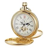 Alwesam Copper Men's Pocket Watch Steampunk Mechanical Tourbillon Moon Phase London Hand Wind Pocket Watches for Men with Chains & Boxs