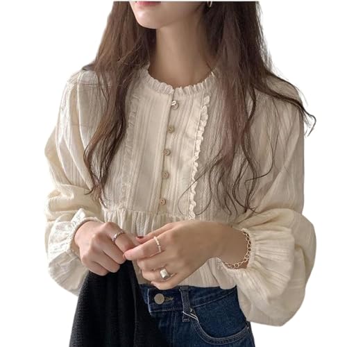 Korean Version of Women's Shirt, Women's Sweet Round Neck Pleated Small lace top, Women's Long Sleeved Shirt top