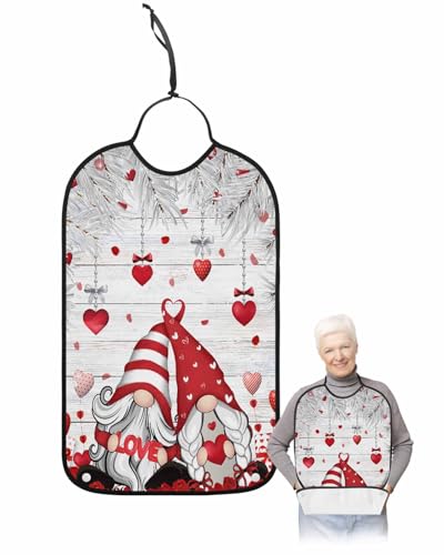 LEOKOTI Red Gnomes Valentines Adult Bibs for Eating, Waterproof Bibs with Food Catcher & Adjustable Snap Closure, Grey Botanical Love Heart Retro Washable Clothing Protectors Adult Bibs for Elderly