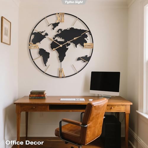 Pytha Sight 36 Inch Oversized Giant Extra Large Modern Decorative Metal World Map Wall Clock,Big Vintage Gold Roman Numeral Wall Clocks for Living Room,Entryway,Office,Fireplace,Dining Room