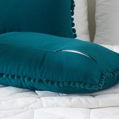 Image of 100% Cotton Pom Pom Cushion with Filler, Elegant & Modern Cushion Cover for Living Room, Rectangle, 12 inchx20 inch, uni slub, Set of 4 - Teal Green