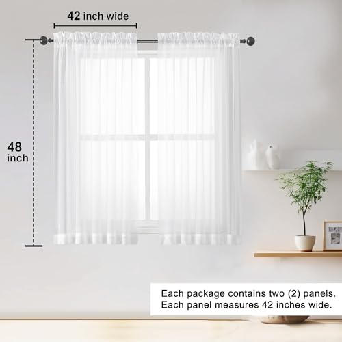 Image of OWENIE Sheer White Curtains 84 Inch Length 2 Panels Set for Living Room Bedroom, Rod Pocket Voile Sheer Panel Drapes, White, 2pcs, Each 42 inch W x 48 inch L