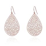 Handmade Filigree Teardrop Dangling Earrings for Women, Rose Gold Plated Sterling Silver Hooks Leaf Earrings for Gift