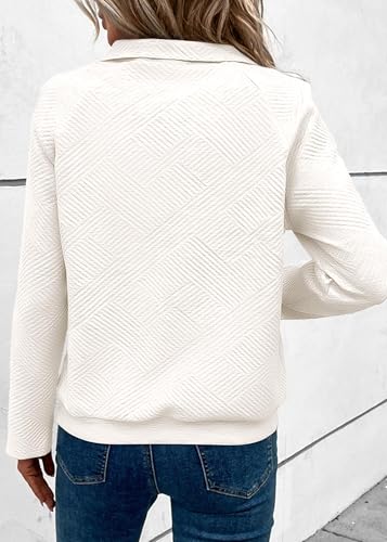 KIRUNDO Womens Sweatshirt Casual Textured Long Sleeve Henley Button V Neck Loose Pullover 2025 Trendy Fall Outfits Tops(White, Large)