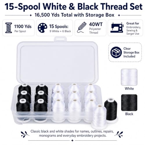 Image of Simthread 15-Color Polyester Machine Embroidery Thread Set, 9W 6B | 15 coordinated 1000M polyester spools for machine embroidery, quilting, patches, monograms and everyday sewing.