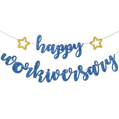 Image of Happy Workiversary Banner Work Anniversary Decorations Work Office Party Decoration Supplies Blue Glitter