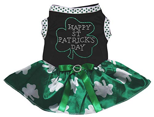 Petitebella Rhinestone Happy St Patrick's Day Puppy Dog Dress (Black/Green Clovers, Small)