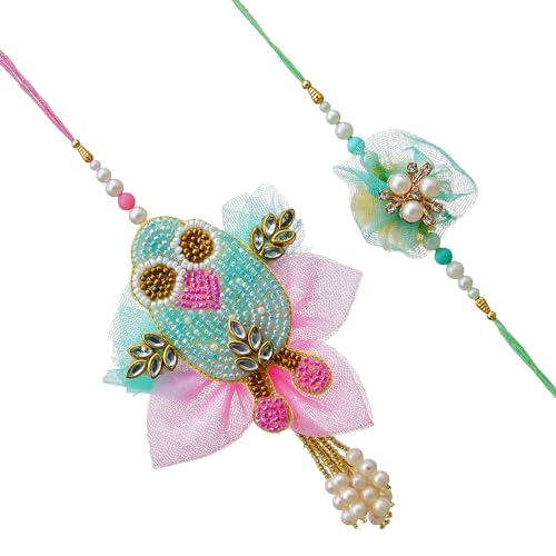Image of eCraftIndia Floral Kundan Beads Designer Rakhis for Brother and Bhabhi | Bhaiya Bhabhi Rakhi